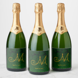 Hunter Green Gold Weduwing Reception Monogram Sparkling Wijnetiket