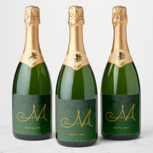 Hunter Green Gold Weduwing Reception Monogram Sparkling Wijnetiket (Flessen)