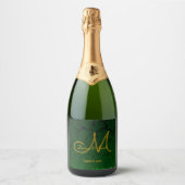 Hunter Green Gold Weduwing Reception Monogram Sparkling Wijnetiket (Voorkant)
