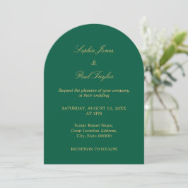 Hunter Green Golden Beige Arch Wedding Invitation Kaart
