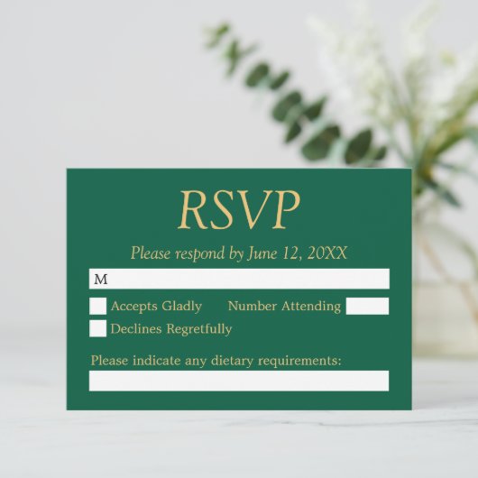 Hunter Green Golden Beige Wedding RSVP Kaart (Staand voorkant)