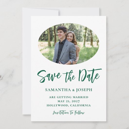 Hunter Green Handgeschreven Script Oval Photo Save The Date (Voorkant)