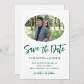 Hunter Green Handgeschreven Script Oval Photo Save The Date (Voorkant / Achterkant)
