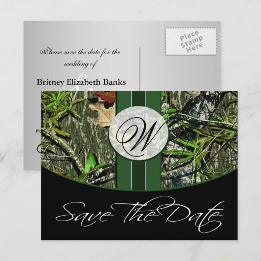 Hunter Green Monogram Camo Wedding Bewaar de datum Aankondigingskaart (Voorkant / Achterkant)