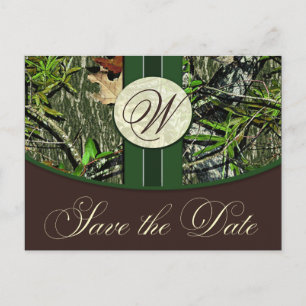 Hunter Green Monogram Camo Wedding Bewaar de datum Aankondigingskaart