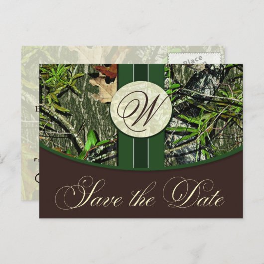 Hunter Green Monogram Camo Wedding Bewaar de datum Aankondigingskaart (Voorkant / Achterkant)