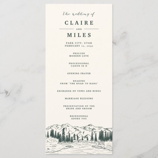Hunter Green | Mountain Sketch Wedding Ceremony Programmakaart (Voorkant)