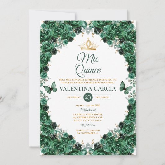 Hunter Green Quinceañera 15 Anos Floral Gold Crown Kaart (Voorkant)