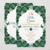 Hunter Green Quinceañera 15 Anos Floral Gold Crown Kaart (Voorkant / Achterkant)