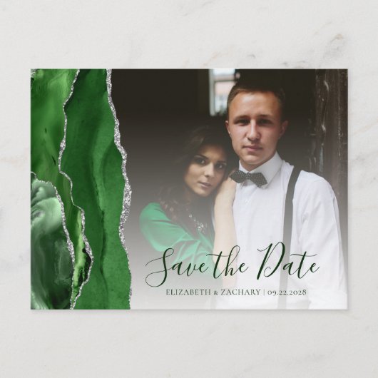 Hunter Green Silver Agate Photo Save the Date Briefkaart (Voorkant)