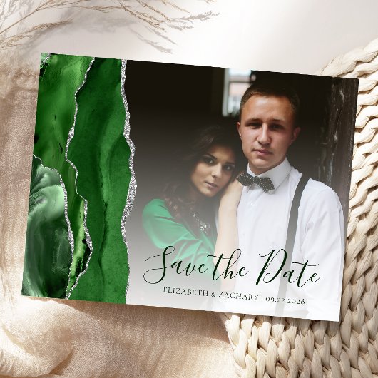 Hunter Green Silver Agate Photo Save the Date Briefkaart