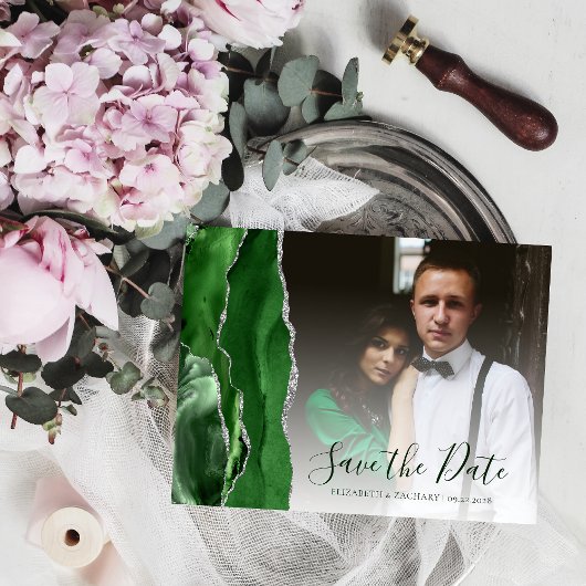 Hunter Green Silver Agate Photo Save the Date Briefkaart
