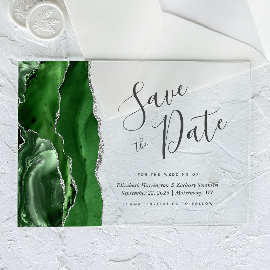 Hunter Green Silver Agate Save the Date Kaart Acryl Uitnodigingen