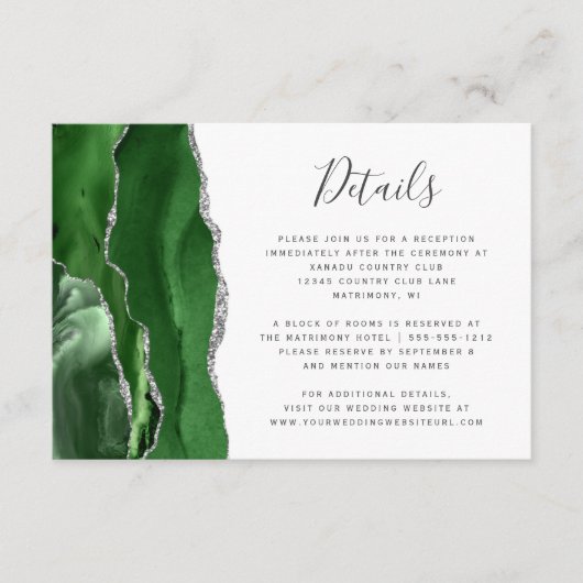 Hunter Green Silver Agate Wedding Details Informatiekaartje (Voorkant)