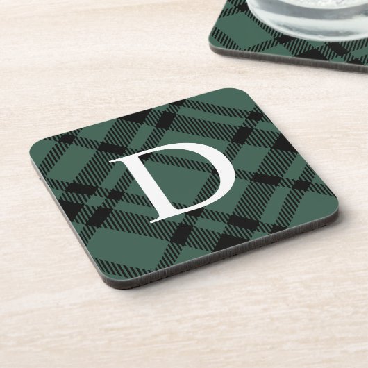 Hunter Green Tartan Aangepast monogram Initiaal Bier Onderzetter (Linkerzijde)