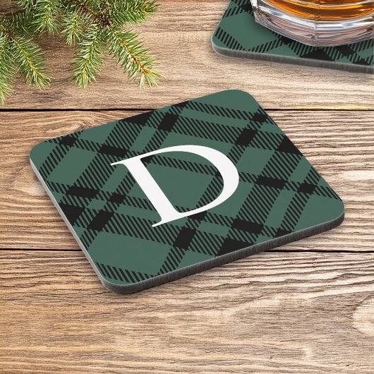 Hunter Green Tartan Aangepast monogram Initiaal Bier Onderzetter