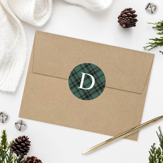 Hunter Green Tartan Pset Holiday Monogram Initiaal Ronde Sticker