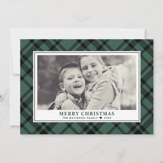 Hunter Green Tartan Pset Merry-kerstfoto Feestdagenkaart (Voorkant)