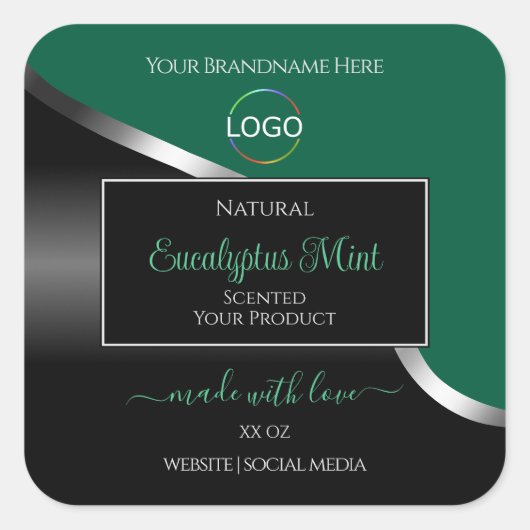 Hunter Green Wavy Silver Black Logo Productlabels Vierkante Sticker (Voorkant)