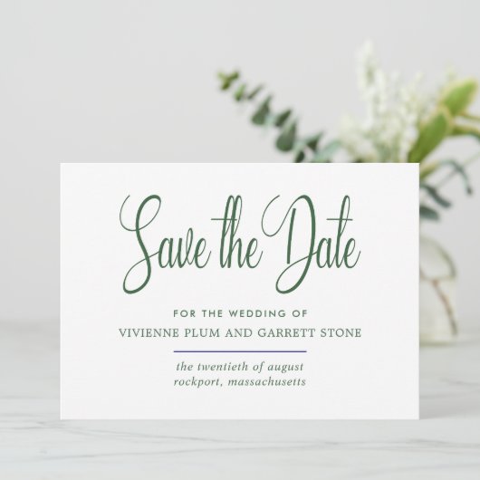 Hunter Green & White Calligraphy Save the Date (Staand voorkant)