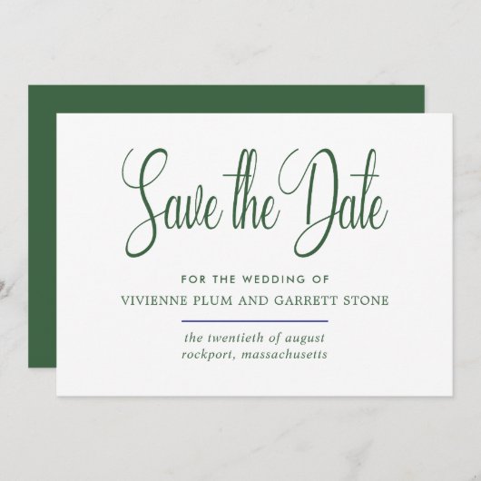 Hunter Green & White Calligraphy Save the Date (Voorkant / Achterkant)