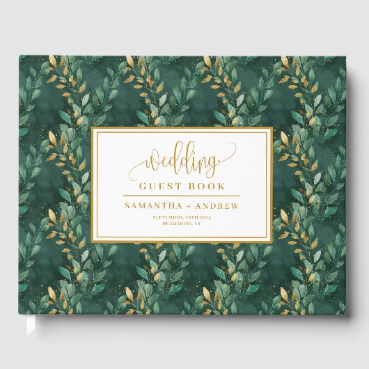 Hunter groen goud bruiloft gastenboek met bladeren (Voorkant)