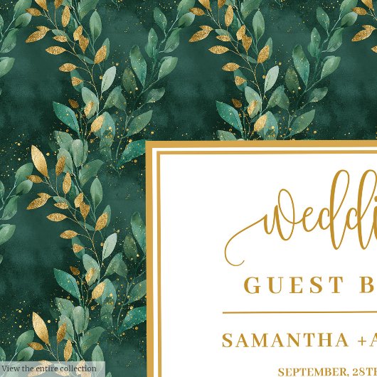 Hunter groen goud bruiloft gastenboek met bladeren