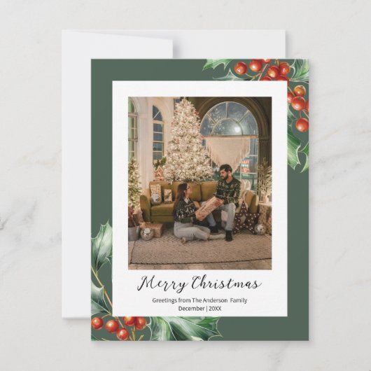 Hunter groen retro holly feestdagenkaart (Voorkant)