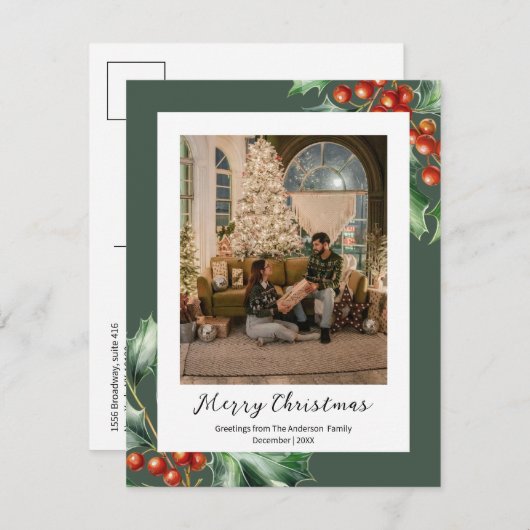 Hunter groen retro holly feestdagenkaart (Voorkant / Achterkant)