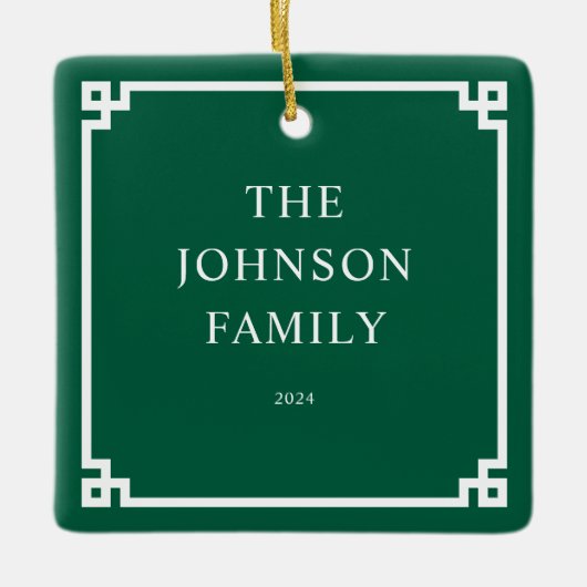 Hunter Groen Wit Grieks Key Border Familiefoto Keramisch Ornament (Voorkant)