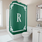 Hunter Groen Wit Grieks Sleutel Eenvoudig Monogram Douchegordijn (In situ)