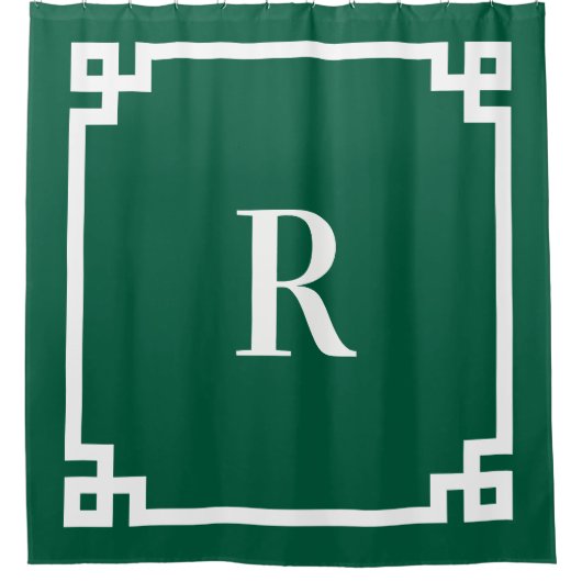 Hunter Groen Wit Grieks Sleutel Eenvoudig Monogram Douchegordijn (Voorkant)