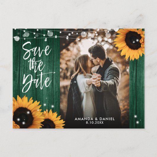 Hunter Groene Zonnebloem Trouwfoto Save The Date Aankondigingskaart (Voorkant)