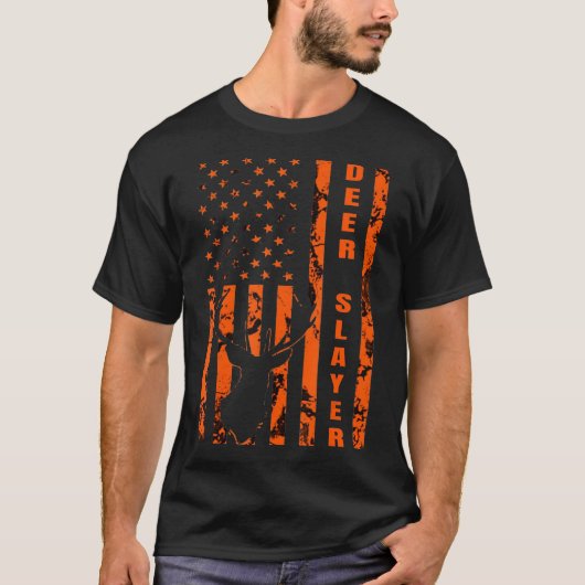 Hunter Oranje Camo American Flag Deer Slayer Hunti T-shirt (Voorkant)