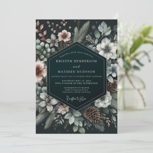 Hunter Wintry Pine Bruiloft Kaart (Staand voorkant)