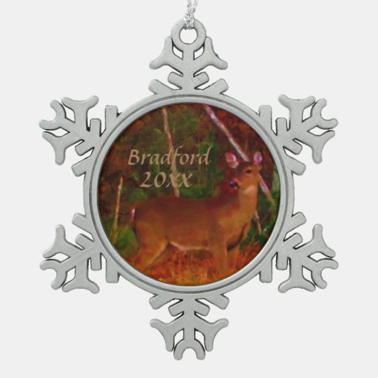 Hunter's Deer, Personaliseer naamdatum Tin Sneeuwvlok Ornament (Voorkant)
