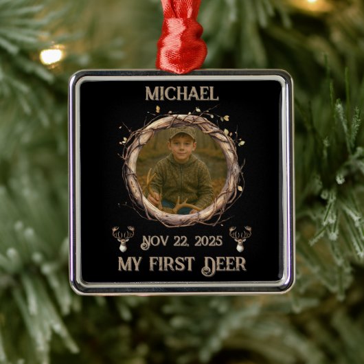 Hunter's "My First Deer" with Name, Date & Photo Metalen Ornament (Boom)