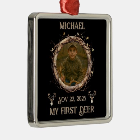 Hunter's "My First Deer" with Name, Date & Photo Metalen Ornament (Rechts)