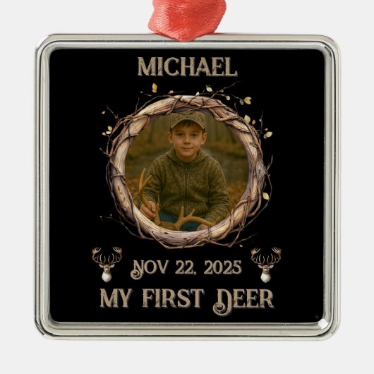 Hunter's "My First Deer" with Name, Date & Photo Metalen Ornament (Voorkant)