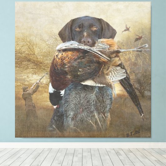 Hunteseizoen, Duitse Wirehaire Pointer Tapest Canvas Afdruk (Insitu (Houten vloer))