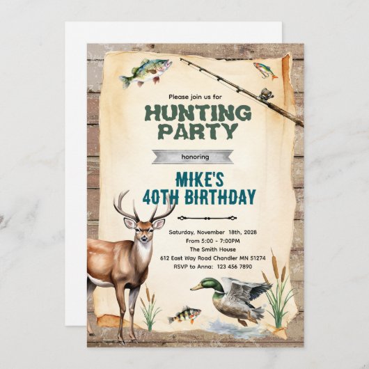 Hunting and Fishing Birthday Invitation Kaart (Voorkant / Achterkant)