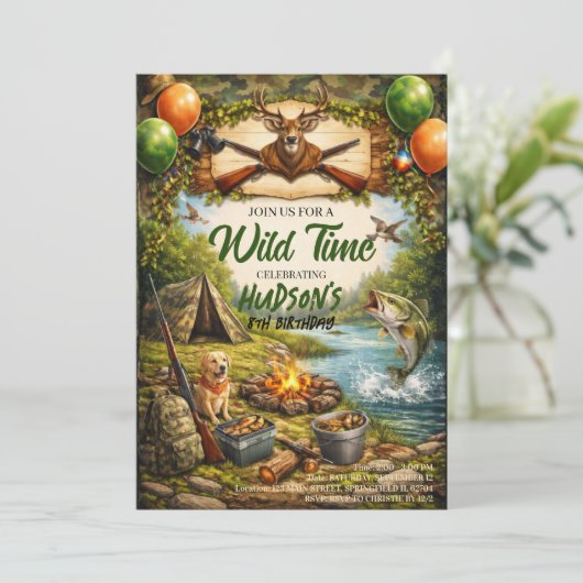 Hunting and Fishing Camo Boy birthday Invitation Kaart (Staand voorkant)