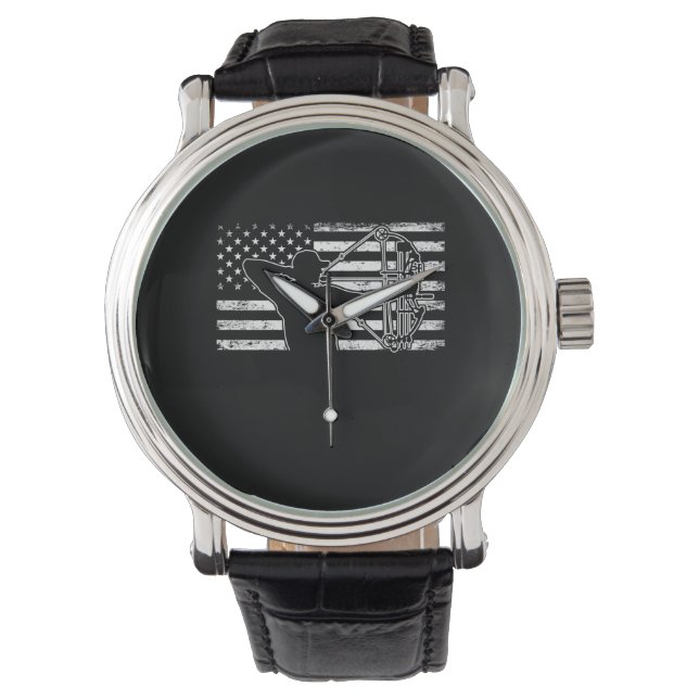 Hunting Archer American Flag Bowhunting Huter Horloge (Voorkant)