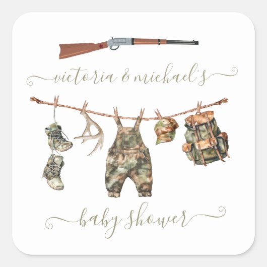 Hunting Camo Boy Baby shower Vierkante Sticker (Voorkant)