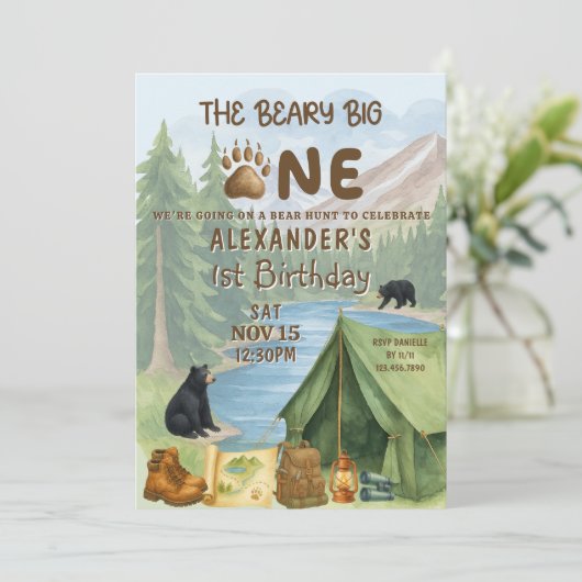 Hunting Camping Beary First Boy 1st Birthday Kaart (Staand voorkant)
