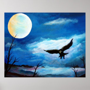 Hunting Hawk Night Moon Poster
