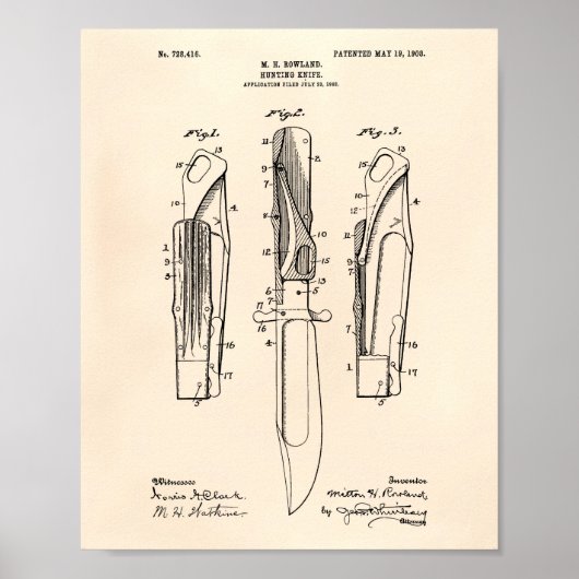 Hunting Knife 1903 Patent Art Old Peper Poster (Voorkant)
