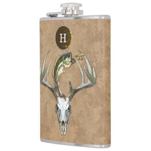 Hunting Vissen Antlers Bass Monogram Initiaal Heupfles (Links)