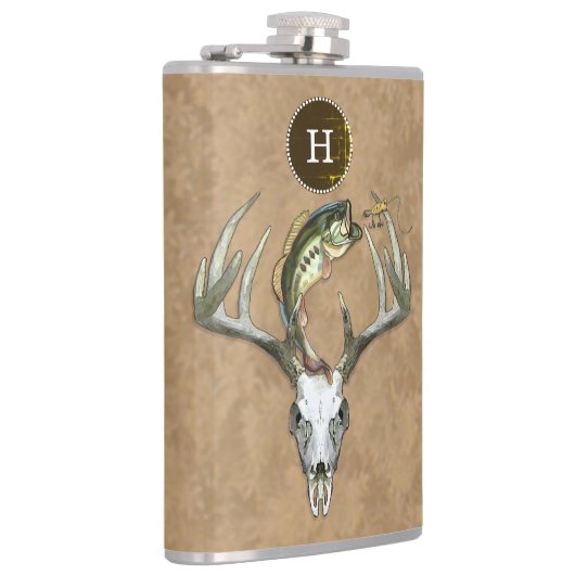 Hunting Vissen Antlers Bass Monogram Initiaal Heupfles (Rechts)