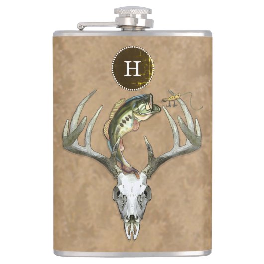 Hunting Vissen Antlers Bass Monogram Initiaal Heupfles (Voorkant)